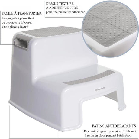 Tabouret marchepied - DREAMBABY - 2 Up - Antidérapant et texturé - Jusqu'a 80 kg pour les petits et les adultes - Gris et Noir