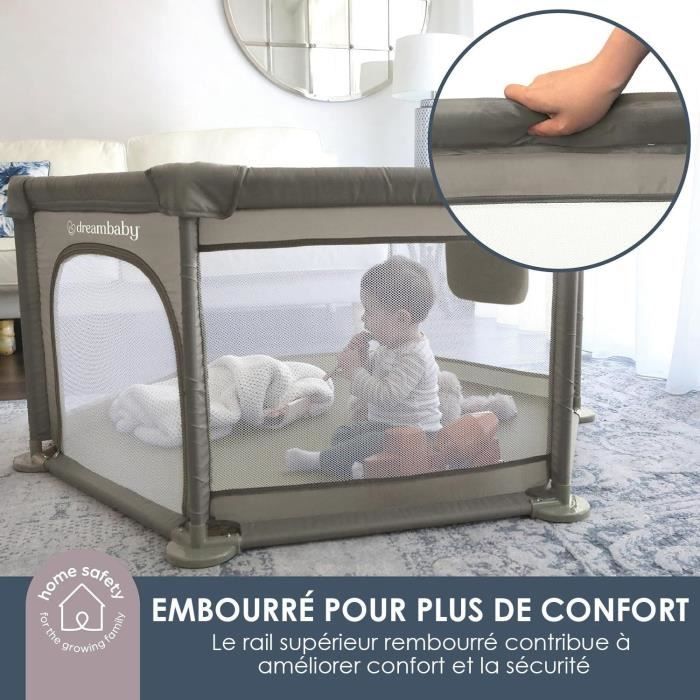 Parc Explore - DREAMBABY - 6 côtés avec base en tissu et cadre rembourré - Ø 1,40 m - H 70 cm - Taupe