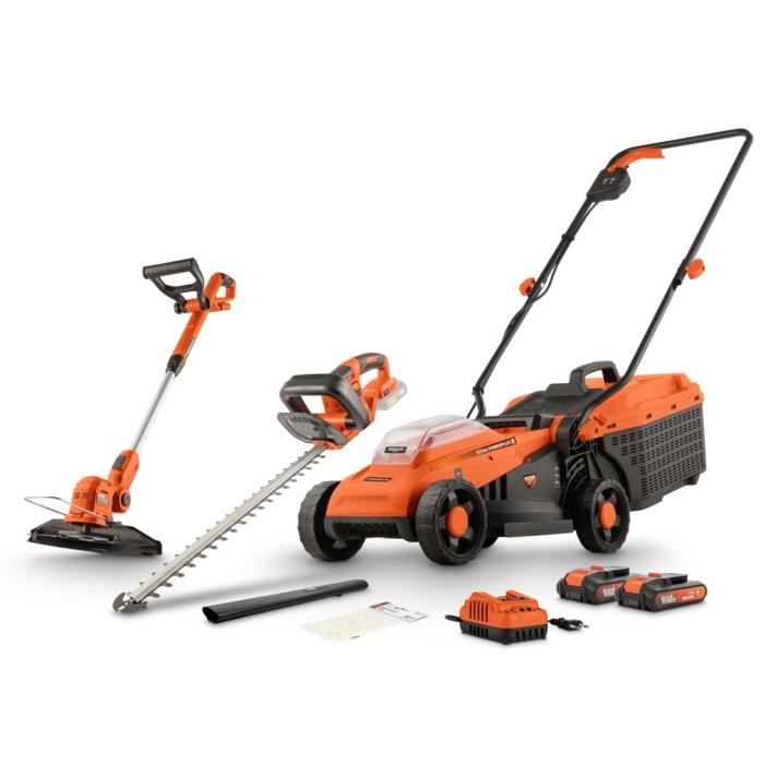 Pack Tondeuse BRUSHLESS 20V 33cm de coupe + coupe-bordures + taille-haies - DUAL POWER POWDPGBOX25A - 2 batteries 20V 3Ah + chargeur