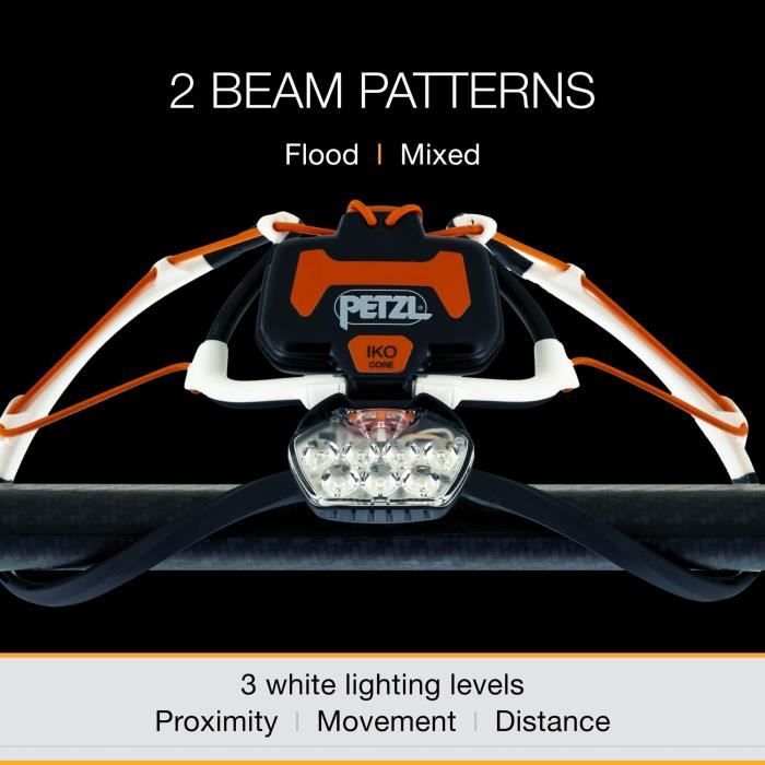 Lampe frontale multi faisceaux - PETZL - IKO CORE - 500 lumens - Bandeau Airfit - Batterie rechargeable incluse - Noir et blanc