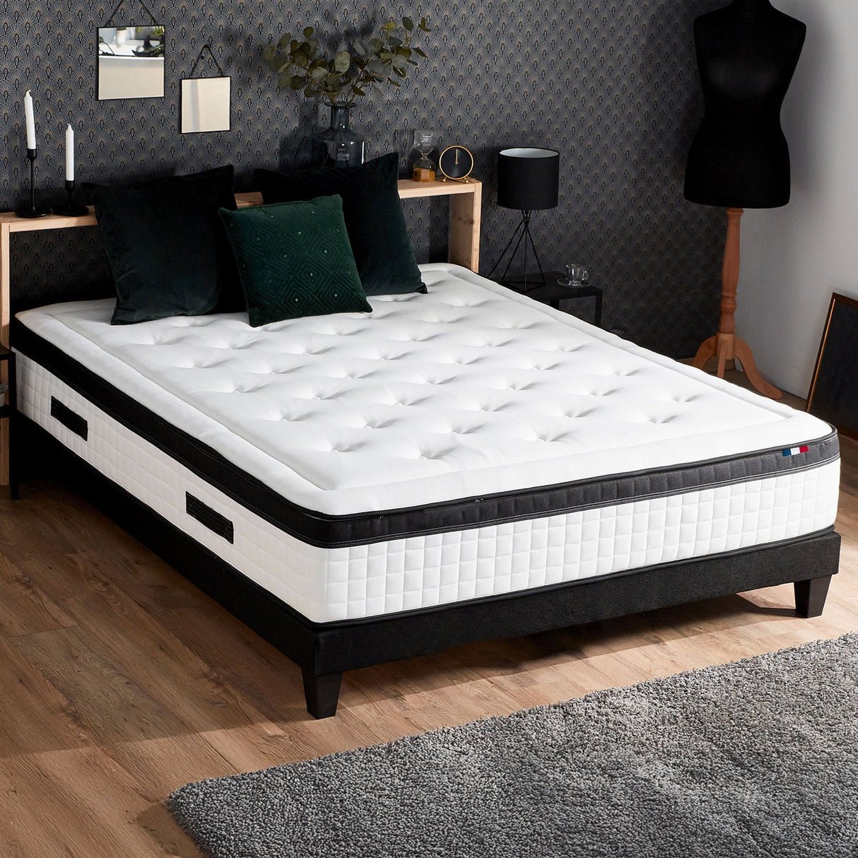 CONFORT DESIGN Quatuor Matelas + sommier 140 x 190 - Ep.30 cm - 4 technologies - Ressort/Mémoire/Latex/HR - Fabriqué en France