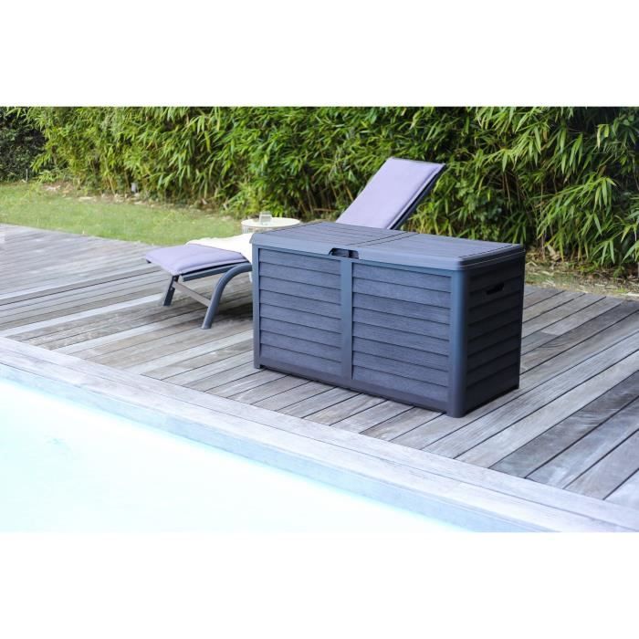 Coffre de jardin - EDA - BAYA - 420 L - Décor imitation bois - Utilisation Intérieure / Extérieure - avec Poignées - Gris Anthracite