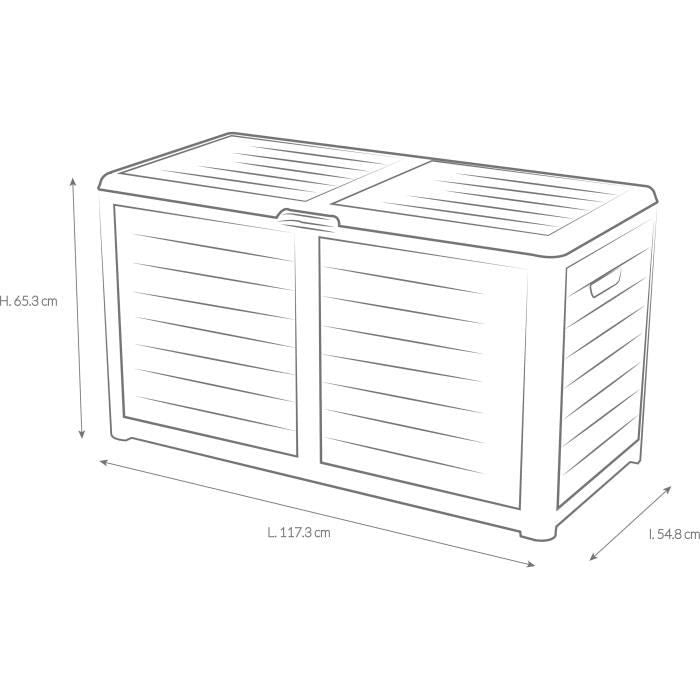 Coffre de jardin en Plastique - EDA - BAYA - 420 L - Décor imitation bois - 117,3 x 54,8 x H. 65,3 cm - Gris anthracite