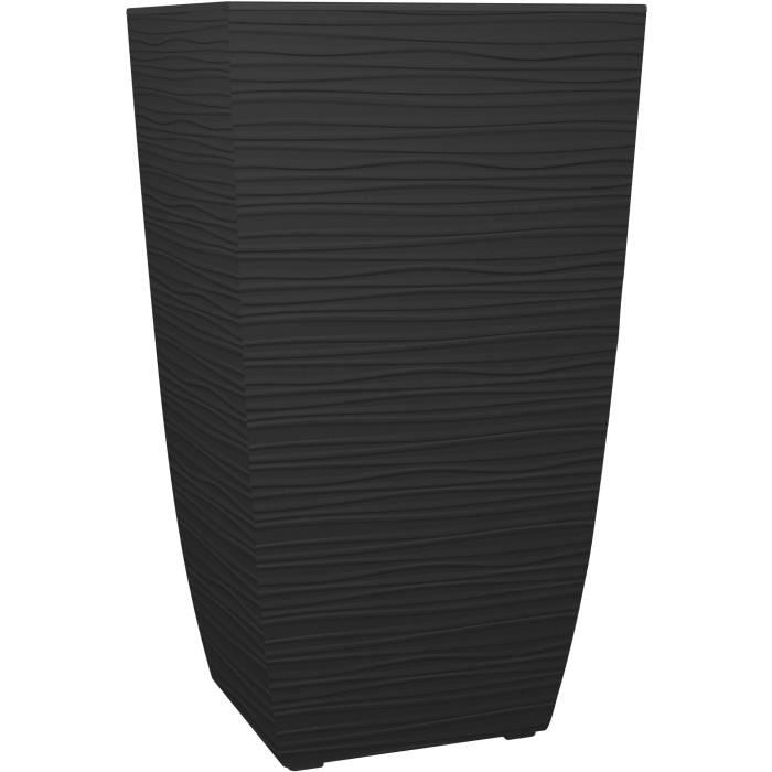 EDA Bac a Fleurs Carré Haut Diva Stone 42 L - avec Bac Amovible - Extérieur ou Intérieur - Décor Vagues - 43,5 x 43,5 x H.78,2 cm