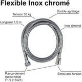 Flexible de douche - ROUSSEAU - Écrous métal anti-torsion - Réducteur de débit - Longueur 1m50 - Inox chromé double agrafage