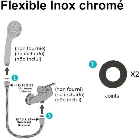Flexible de douche - ROUSSEAU - Écrous métal anti-torsion - Réducteur de débit - Longueur 1m50 - Inox chromé double agrafage