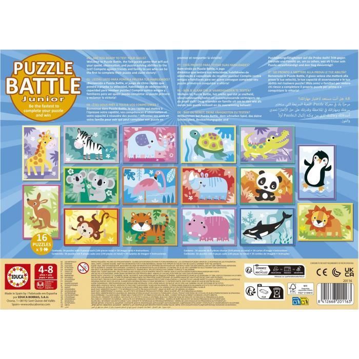 Puzzle - EDUCA - Battle Jr Animals - 16 puzzles - 9 pieces par puzzle - Pour enfants a partir de 4 ans