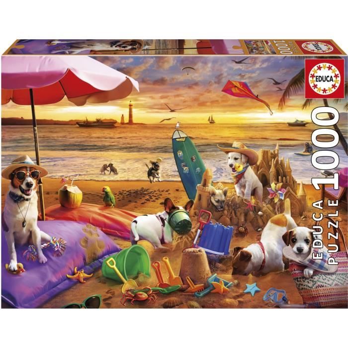 Puzzle - EDUCA - Chiens Jouant a la Plage - 1000 pieces - 68 x 48 cm - a partir de 12 ans