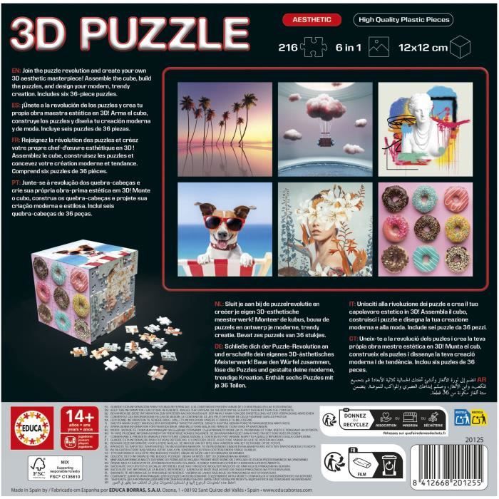 Puzzle 3D - EDUCA - Cube Aesthetic - 216 Pieces - 6 Puzzles de 36 Pieces - Dťfi 8 Ans + (20125)