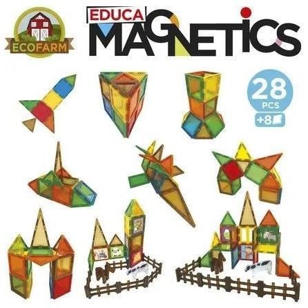 Magnetics Ecoferme - Jeu de construction - EDUCA - 28 pieces magnétiques, 2 animaux, 8 cartes - Des 3 ans
