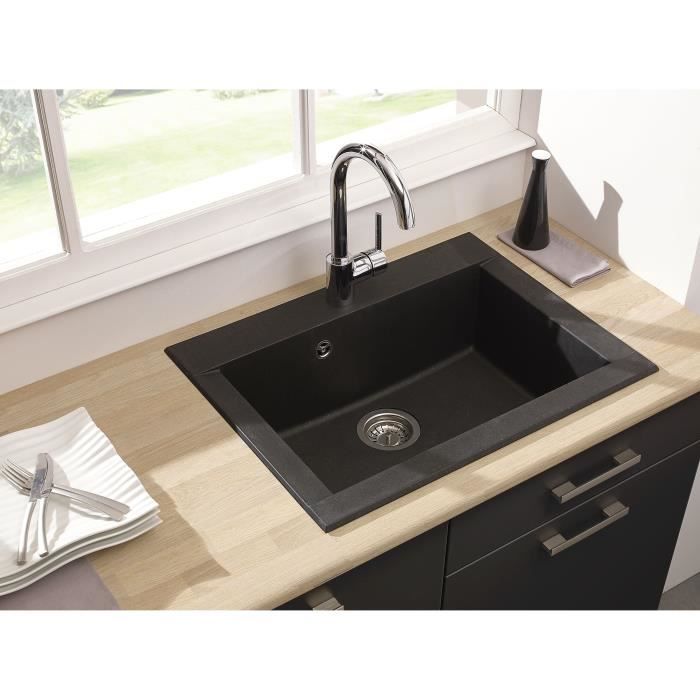 STRADOUR Evier cuisine a encastrer 1 bac sans égouttoir Hexo - Résine - 66 x 50 cm - Noir