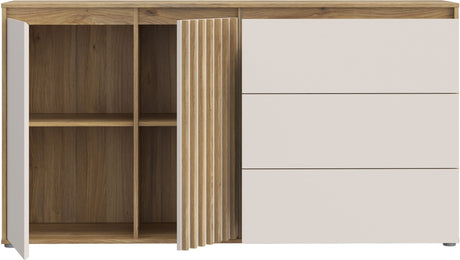 Buffet ELISTON - Blanc Mat & Chene – 2 Portes + 3 Tiroirs – L 159,6 × P 41,5 × H 81,7 cm