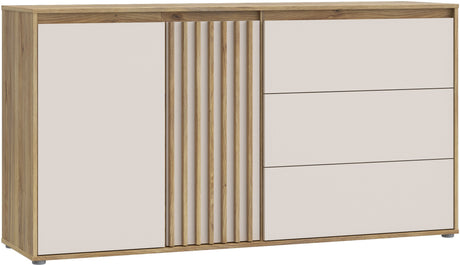 Buffet ELISTON - Blanc Mat & Chene – 2 Portes + 3 Tiroirs – L 159,6 × P 41,5 × H 81,7 cm