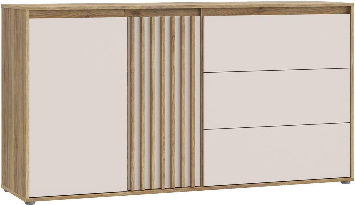 Buffet ELISTON - Blanc Mat & Chene – 2 Portes + 3 Tiroirs – L 159,6 × P 41,5 × H 81,7 cm