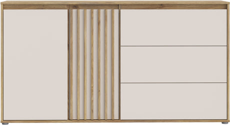Buffet ELISTON - Blanc Mat & Chene – 2 Portes + 3 Tiroirs – L 159,6 × P 41,5 × H 81,7 cm