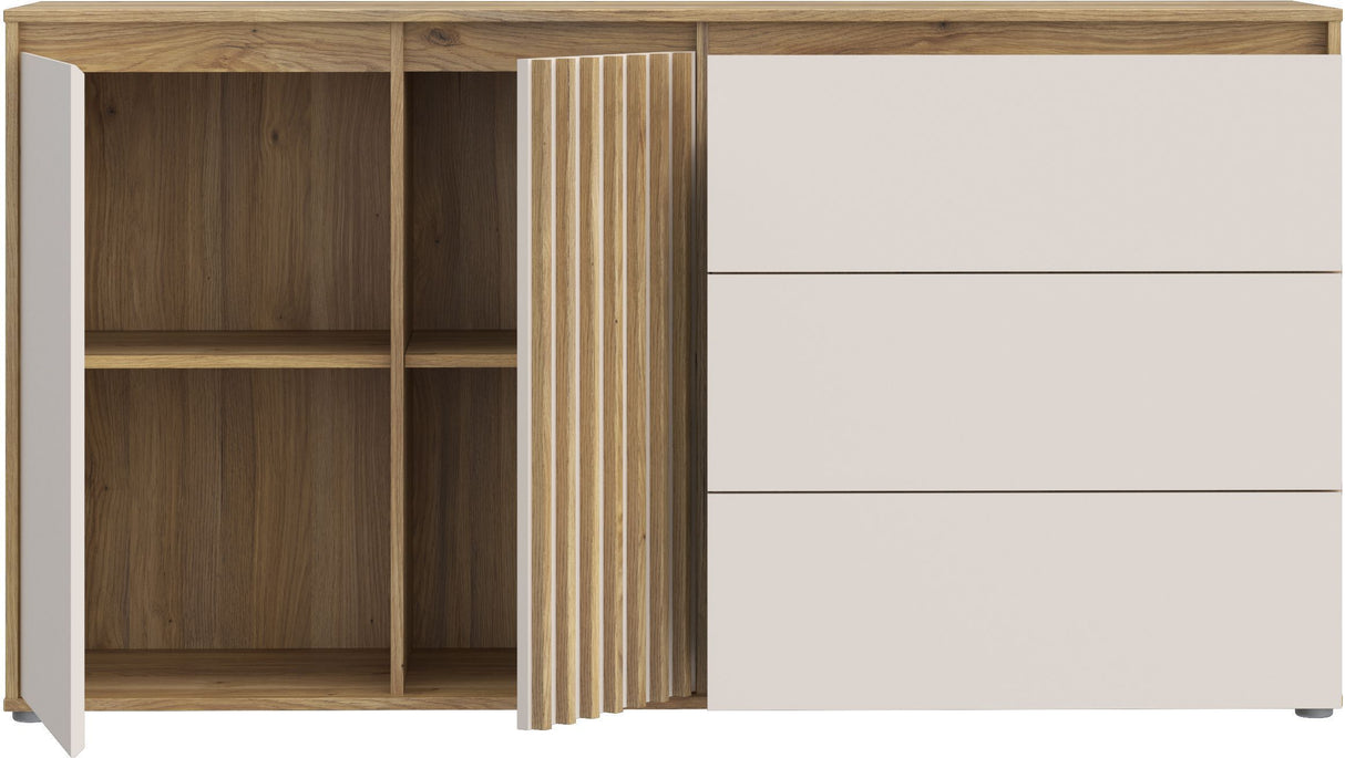 Buffet ELISTON - Blanc Mat & Chene – 2 Portes + 3 Tiroirs – L 159,6 × P 41,5 × H 81,7 cm