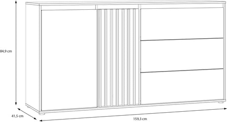 Buffet ELISTON - Blanc Mat & Chene – 2 Portes + 3 Tiroirs – L 159,6 × P 41,5 × H 81,7 cm