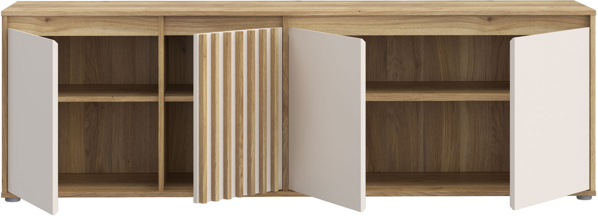 Meuble TV ELISTON – Blanc Mat & Chene – 4 Portes – 174,3 × 41,5 × 56,1 cm