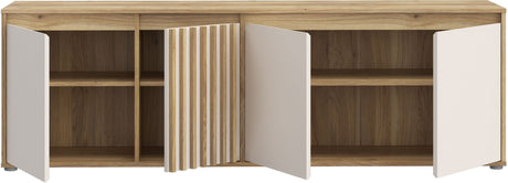 Meuble TV ELISTON – Blanc Mat & Chene – 4 Portes – 174,3 × 41,5 × 56,1 cm