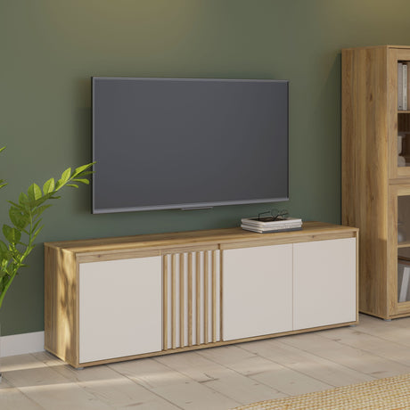 Meuble TV ELISTON – Blanc Mat & Chene – 4 Portes – 174,3 × 41,5 × 56,1 cm