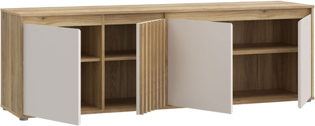 Meuble TV ELISTON – Blanc Mat & Chene – 4 Portes – 174,3 × 41,5 × 56,1 cm