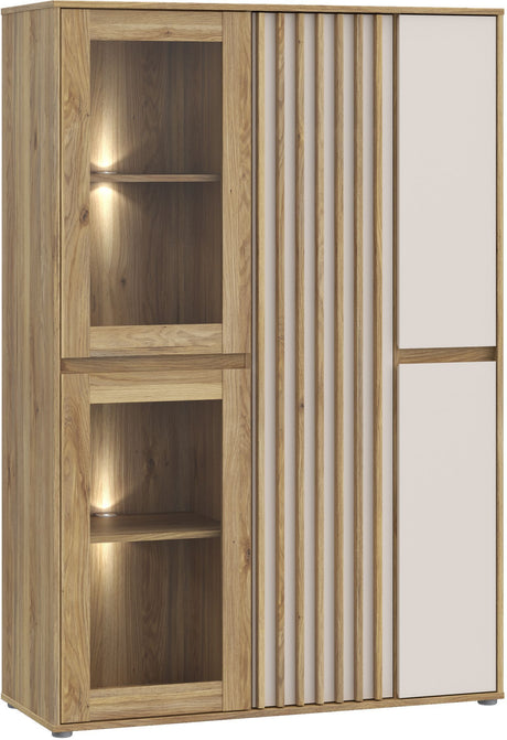 Meuble de Rangement Bibliotheque - ELISTON -  FORTE - Blanc Mat & Chene Naturel - 5 Portes dont 2 Vitrées - 109,6 × 41,5 × 161,8 cm