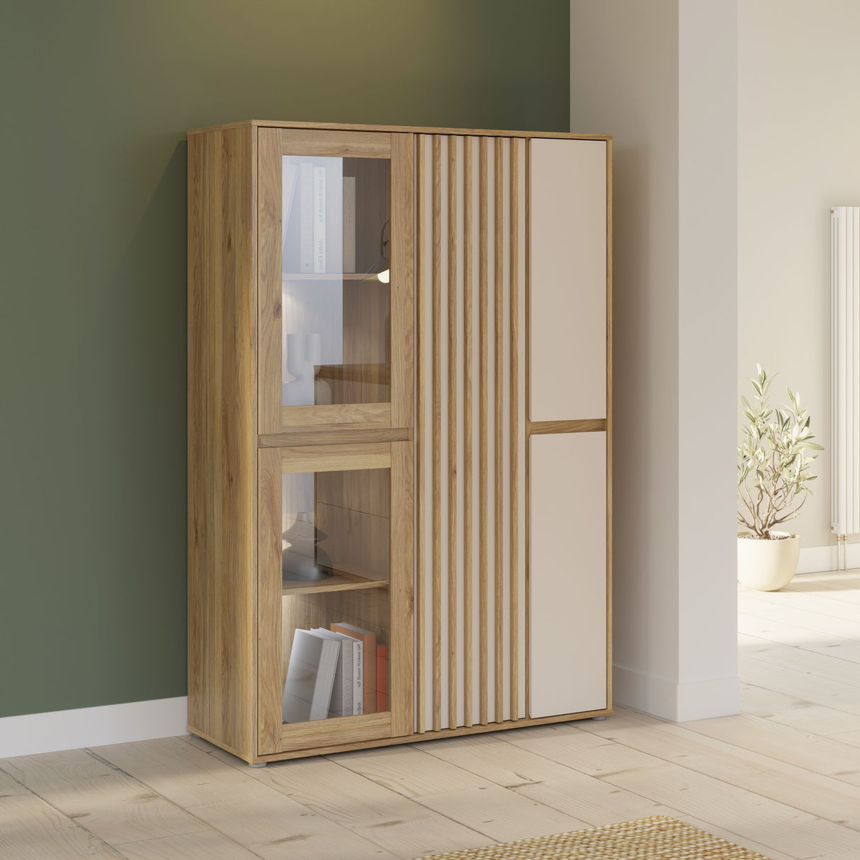 Meuble de Rangement Bibliotheque - ELISTON -  FORTE - Blanc Mat & Chene Naturel - 5 Portes dont 2 Vitrées - 109,6 × 41,5 × 161,8 cm
