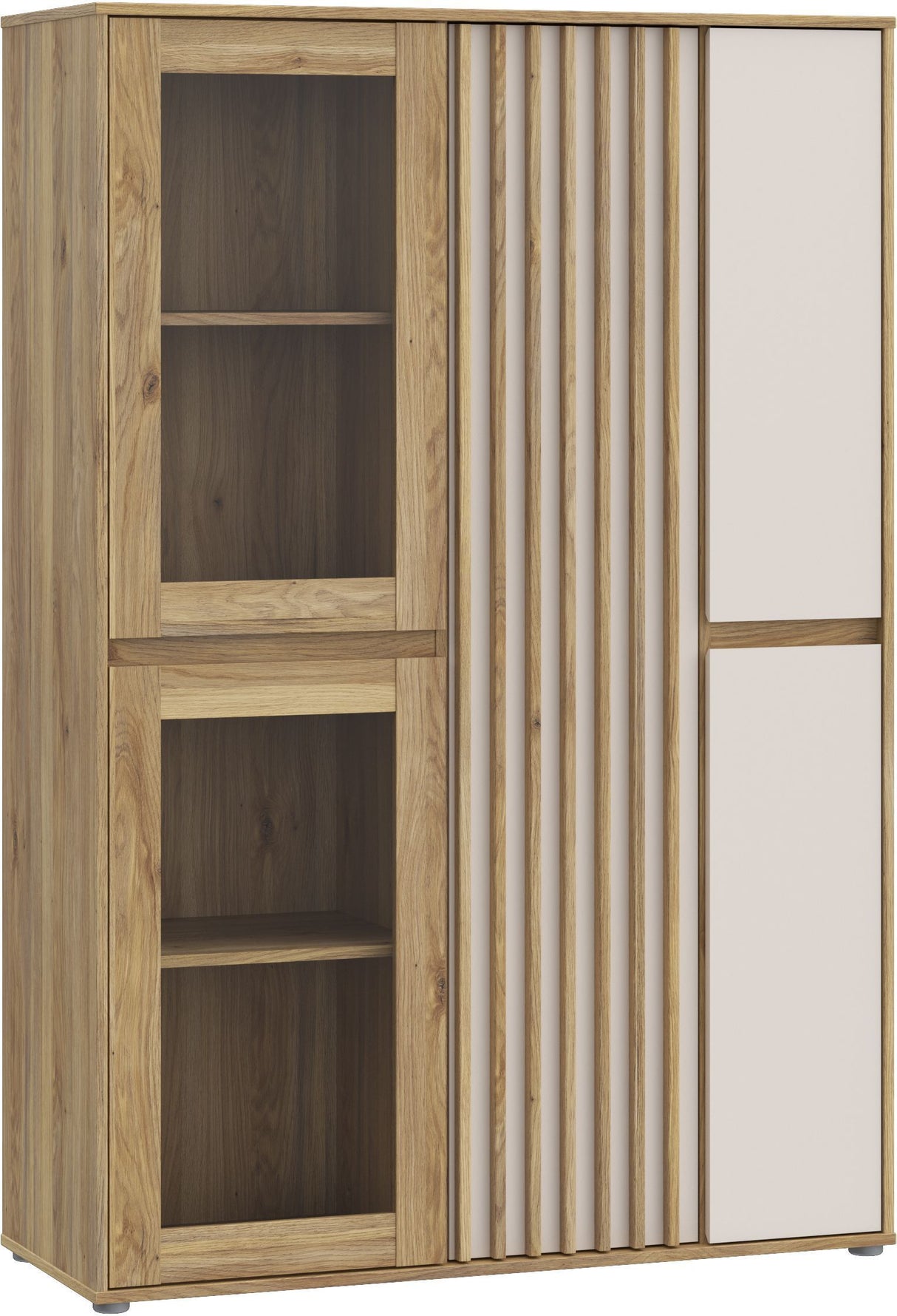 Meuble de Rangement Bibliotheque - ELISTON -  FORTE - Blanc Mat & Chene Naturel - 5 Portes dont 2 Vitrées - 109,6 × 41,5 × 161,8 cm