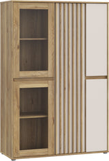 Meuble de Rangement Bibliotheque - ELISTON -  FORTE - Blanc Mat & Chene Naturel - 5 Portes dont 2 Vitrées - 109,6 × 41,5 × 161,8 cm