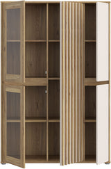 Meuble de Rangement Bibliotheque - ELISTON -  FORTE - Blanc Mat & Chene Naturel - 5 Portes dont 2 Vitrées - 109,6 × 41,5 × 161,8 cm