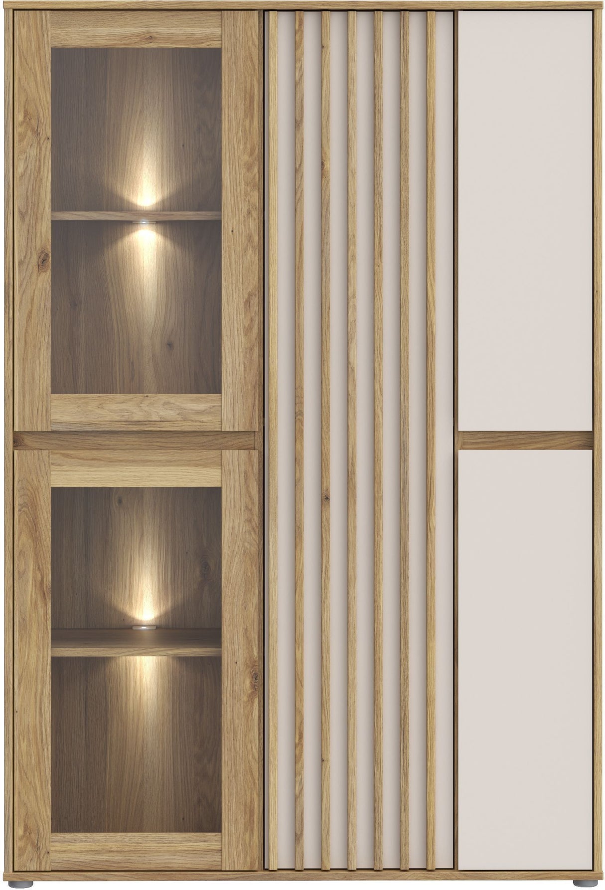 Meuble de Rangement Bibliotheque - ELISTON -  FORTE - Blanc Mat & Chene Naturel - 5 Portes dont 2 Vitrées - 109,6 × 41,5 × 161,8 cm