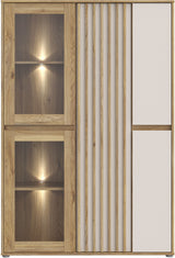 Meuble de Rangement Bibliotheque - ELISTON -  FORTE - Blanc Mat & Chene Naturel - 5 Portes dont 2 Vitrées - 109,6 × 41,5 × 161,8 cm