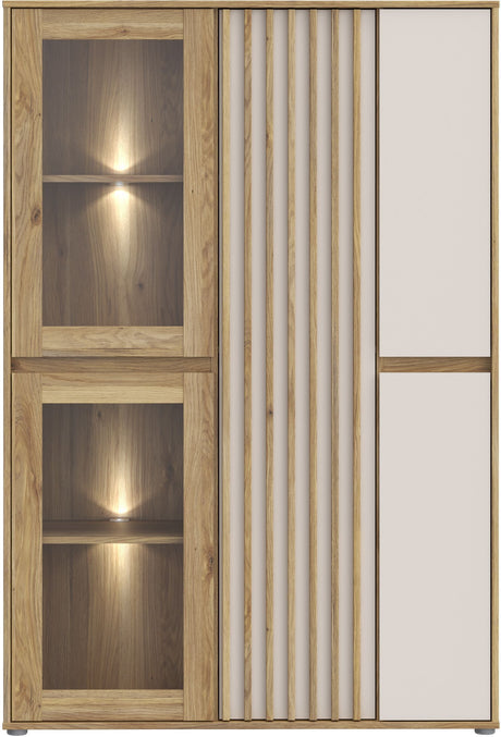 Meuble de Rangement Bibliotheque - ELISTON -  FORTE - Blanc Mat & Chene Naturel - 5 Portes dont 2 Vitrées - 109,6 × 41,5 × 161,8 cm