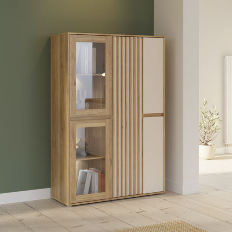 Meuble de Rangement Bibliotheque - ELISTON -  FORTE - Blanc Mat & Chene Naturel - 5 Portes dont 2 Vitrées - 109,6 × 41,5 × 161,8 cm