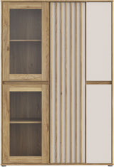 Meuble de Rangement Bibliotheque - ELISTON -  FORTE - Blanc Mat & Chene Naturel - 5 Portes dont 2 Vitrées - 109,6 × 41,5 × 161,8 cm