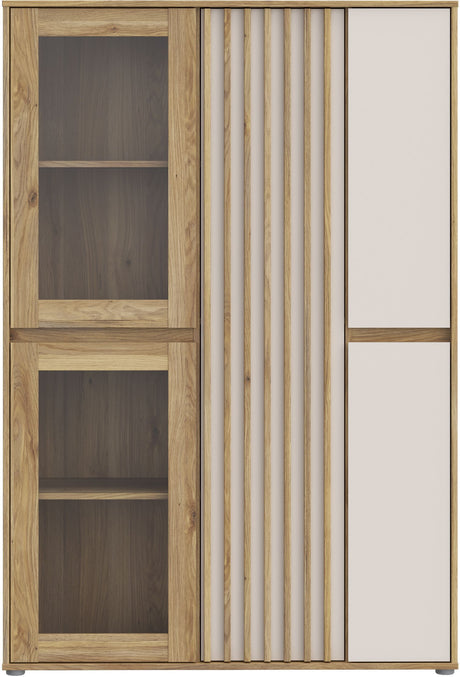 Meuble de Rangement Bibliotheque - ELISTON -  FORTE - Blanc Mat & Chene Naturel - 5 Portes dont 2 Vitrées - 109,6 × 41,5 × 161,8 cm