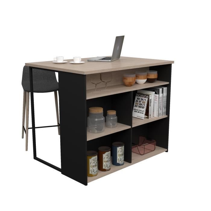 Œlot central BRUNCH - DÈcor chene et noir - 5 espaces de rangement - Modulable - L 109,4 x P 79,7 x H 89,8 cm