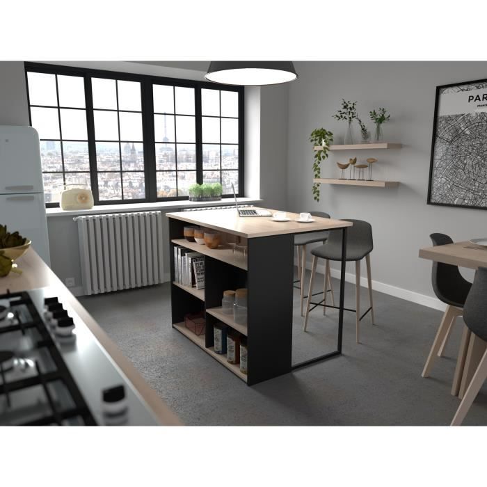 BRUNCH central island - Oak and black decor - 5 storage spaces - Modular - L 109.4 x D 79.7 x H 89.8 cm