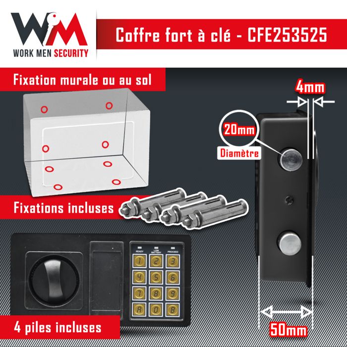 Coffre fort électronique - Work Men Security - CFE253525 - Dimensions extérieur 25 x 35 x 25 cm