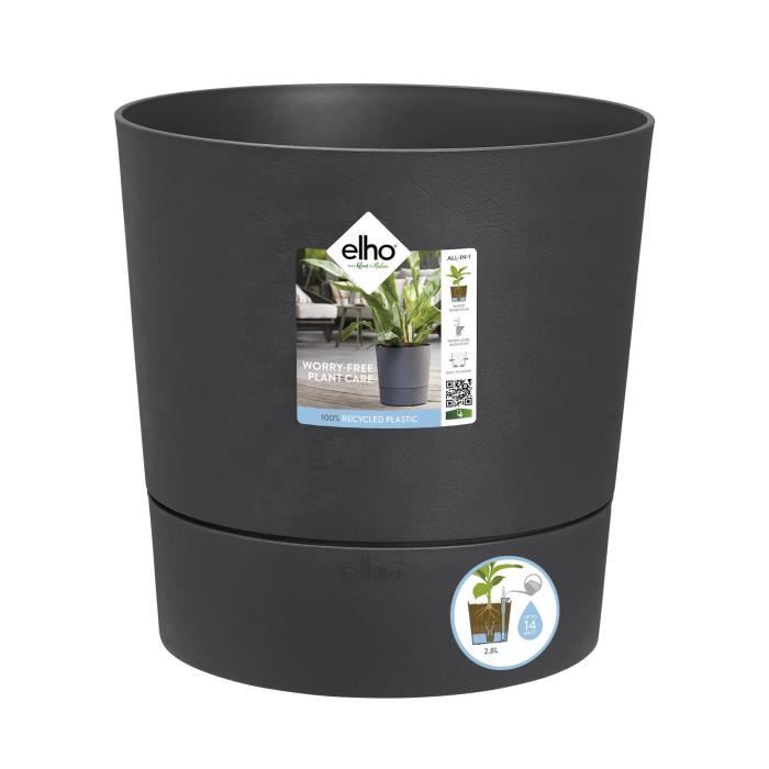 ELHO Pot de fleurs Rond Greensense Aqua Care - Ø 29,,5 x H 29,1 cm - 15 L - Gris Charbon