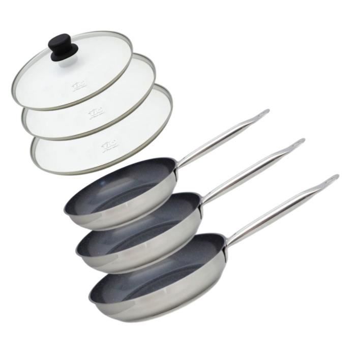 Set de 3 poeles a induction avec couvercles en verre - ELO - Professional - Inox 18/10 ELODUR - Ř 24-28 et 32 cm