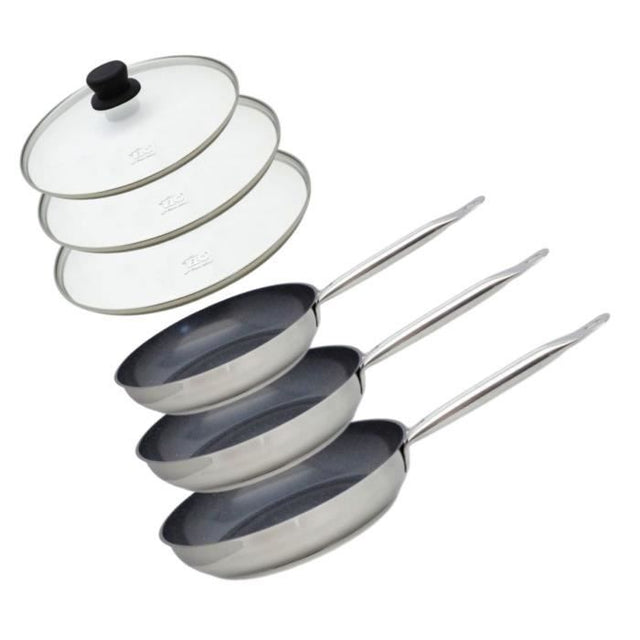 Set de 3 poeles a induction avec couvercles en verre - ELO - Professional - Inox 18/10 ELODUR - Ř 24-28 et 32 cm