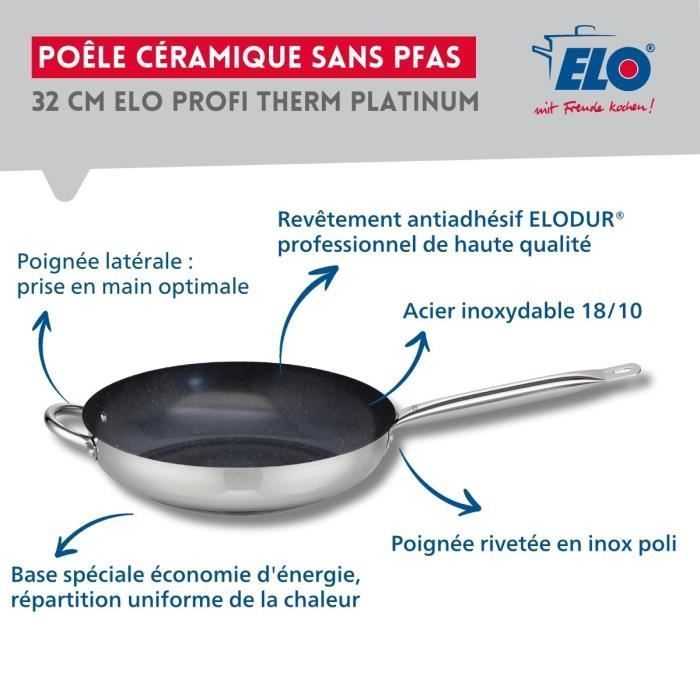 Set de 3 poeles a induction avec couvercles en verre - ELO - Professional - Inox 18/10 ELODUR - Ø 24-28 et 32 cm