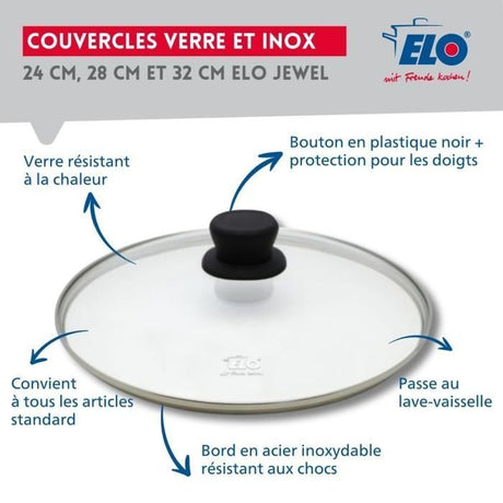 Set de 3 poeles a induction avec couvercles en verre - ELO - Professional - Inox 18/10 ELODUR - Ř 24-28 et 32 cm