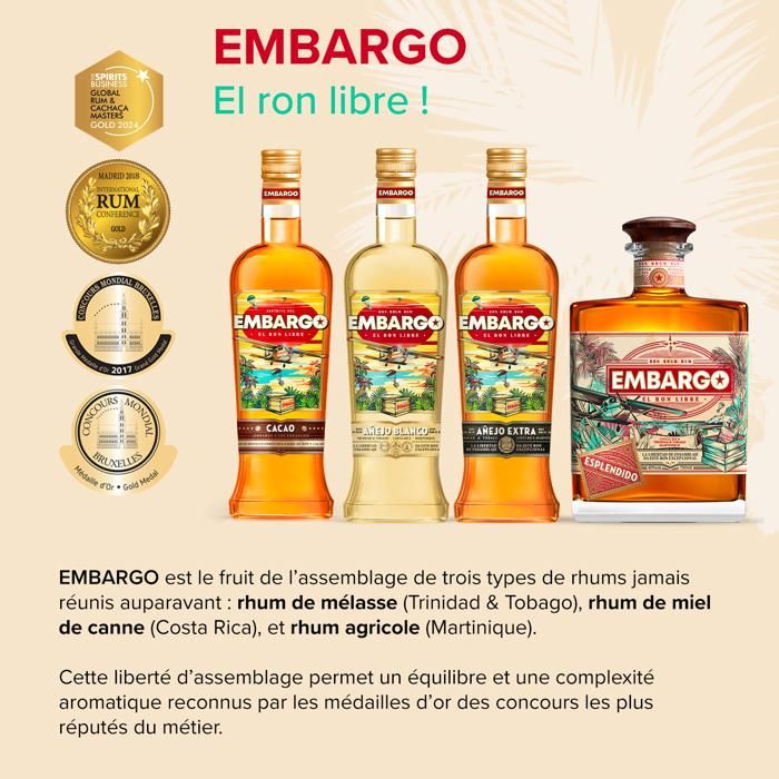 EMBARGO - ESPLENDIDO - Rhum - Origine : Costa Rica / Trinidad & Tobago / Martinique - 40 % alcool - bouteille 70 cl