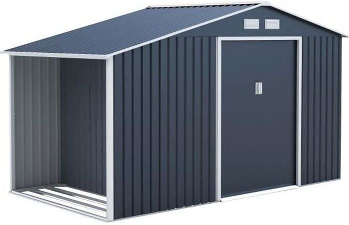 Abri de jardin en métal et abri bûches 6,53 m² - 342 x 191 x 202 cm - SOLIS - Kit d'ancrage inclus, 2 portes coulissantes - Gris