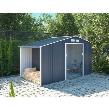Abri de jardin en métal et abri bűches 6,53 m˛ - 342 x 191 x 202 cm - SOLIS - Kit d'ancrage inclus, 2 portes coulissantes - Gris