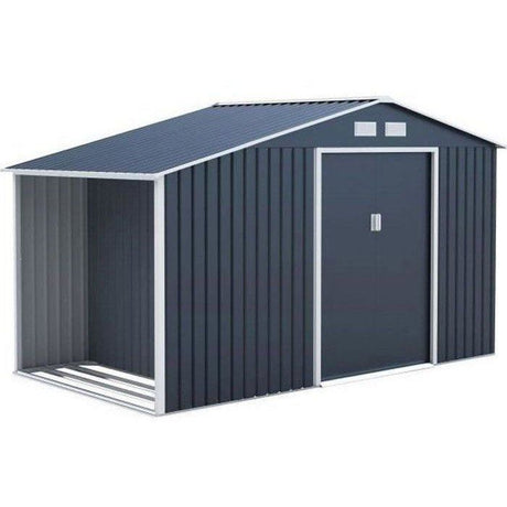 Abri de jardin en métal et abri bűches 6,53 m˛ - 342 x 191 x 202 cm - SOLIS - Kit d'ancrage inclus, 2 portes coulissantes - Gris