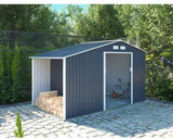 Abri de jardin en métal et abri bûches 6,53 m² - 342 x 191 x 202 cm - SOLIS - Kit d'ancrage inclus, 2 portes coulissantes - Gris