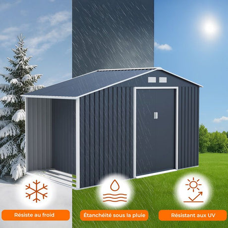 Abri de jardin en métal et abri bűches 6,53 m˛ - 342 x 191 x 202 cm - SOLIS - Kit d'ancrage inclus, 2 portes coulissantes - Gris